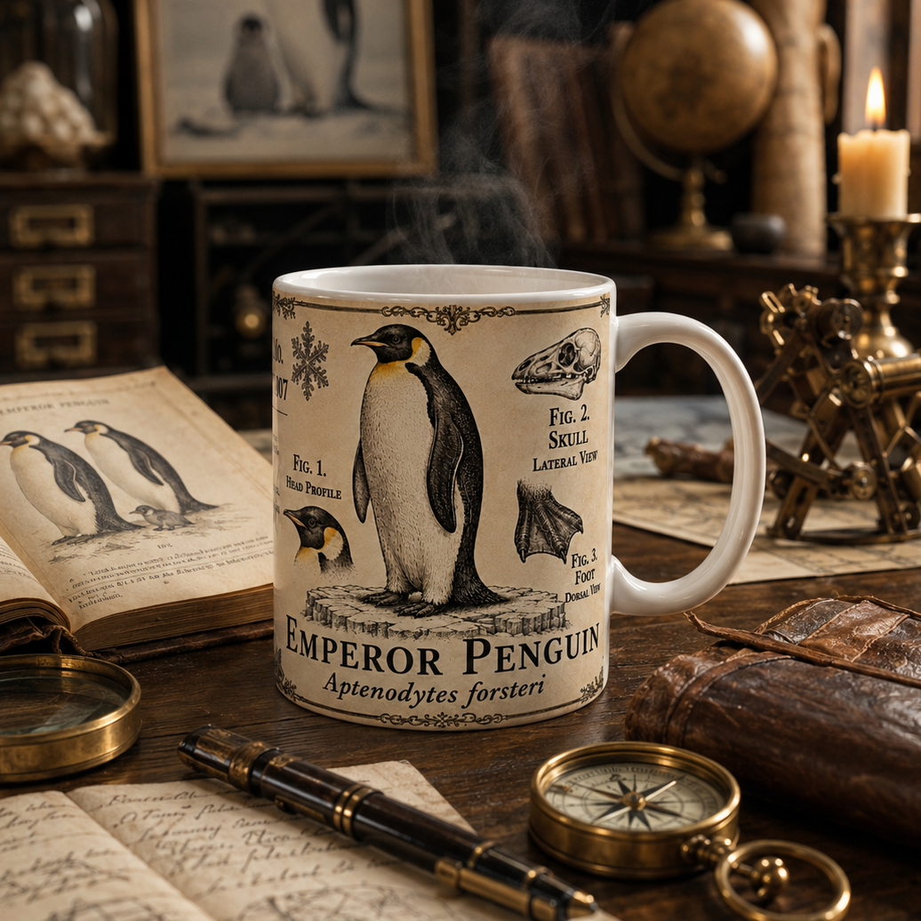 A white ceramic mug featuring vintage-style penguin illustrations and the text 'EMPEROR PENGUIN' sits on a wooden desk surrounded by antique props including an open book, magnifying glass, compass, candle, and globe in a dimly lit study setting.