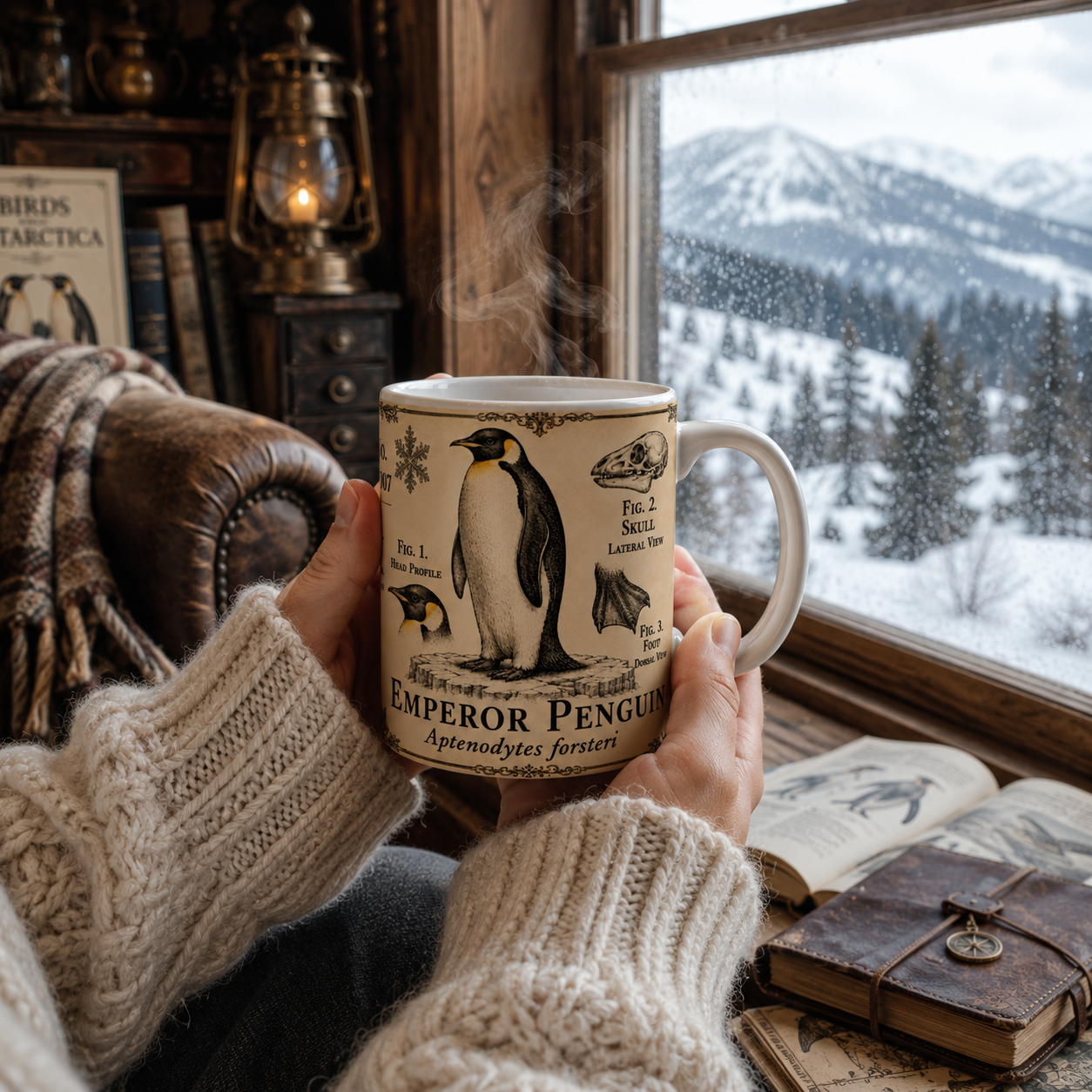 Emperor penguin museum plate design wrapping an 11oz white ceramic mug