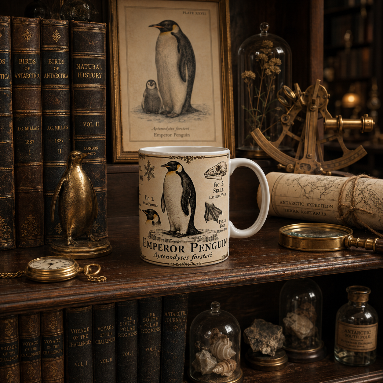White ceramic mug printed with a pen-and-ink emperor penguin plate and specimen number
