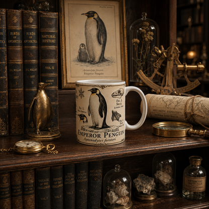 White ceramic mug printed with a pen-and-ink emperor penguin plate and specimen number