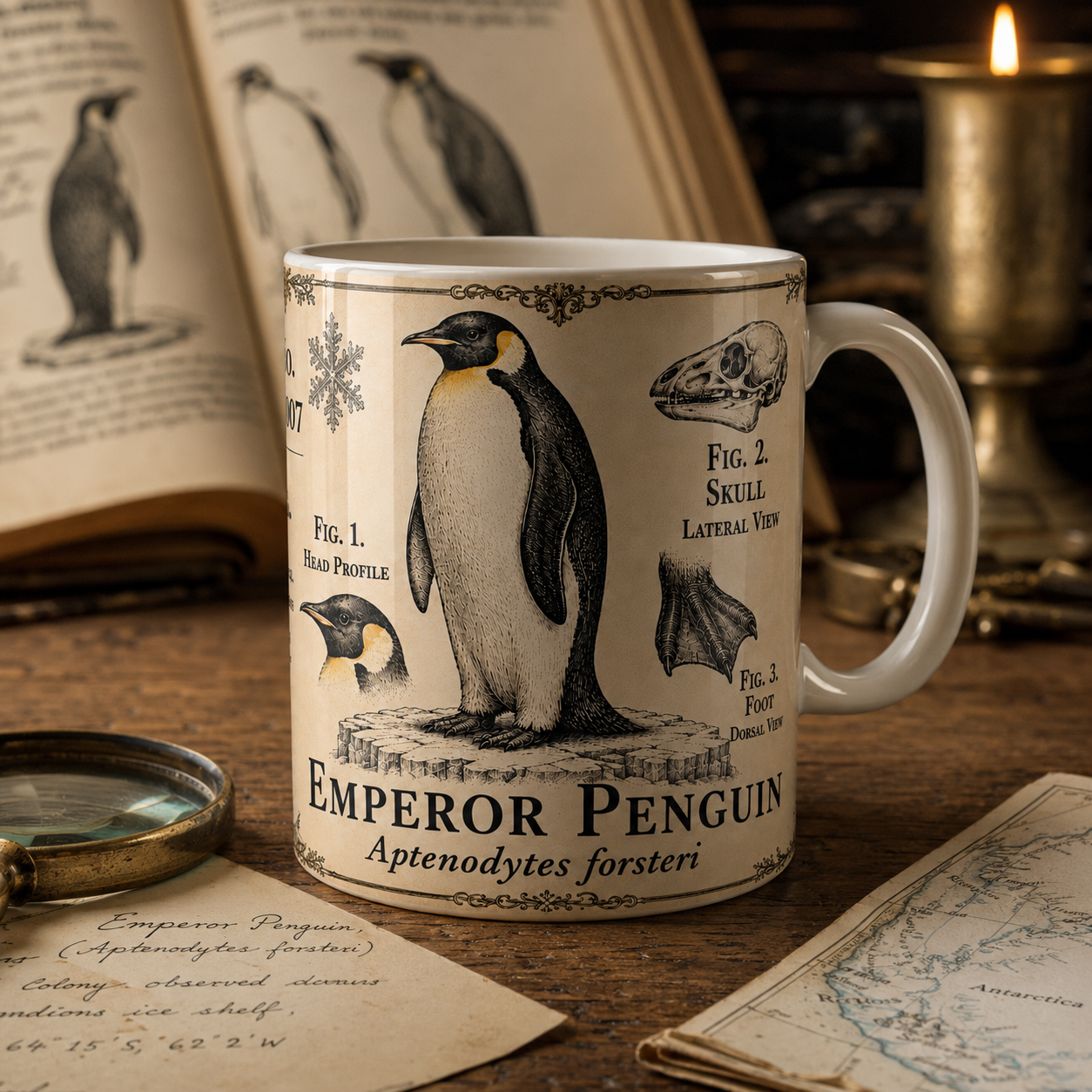 Aptenodytes forsteri naturalist plate illustration on an 11oz white ceramic mug