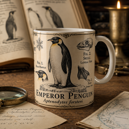 Aptenodytes forsteri naturalist plate illustration on an 11oz white ceramic mug