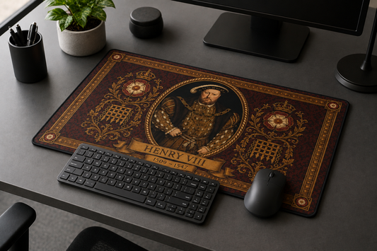 Henry VIII portrait desk mat on a wooden desk with keyboard and mouse