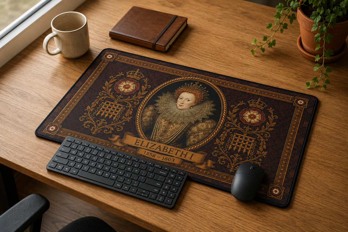Elizabeth I vintage desk mat in a study setup