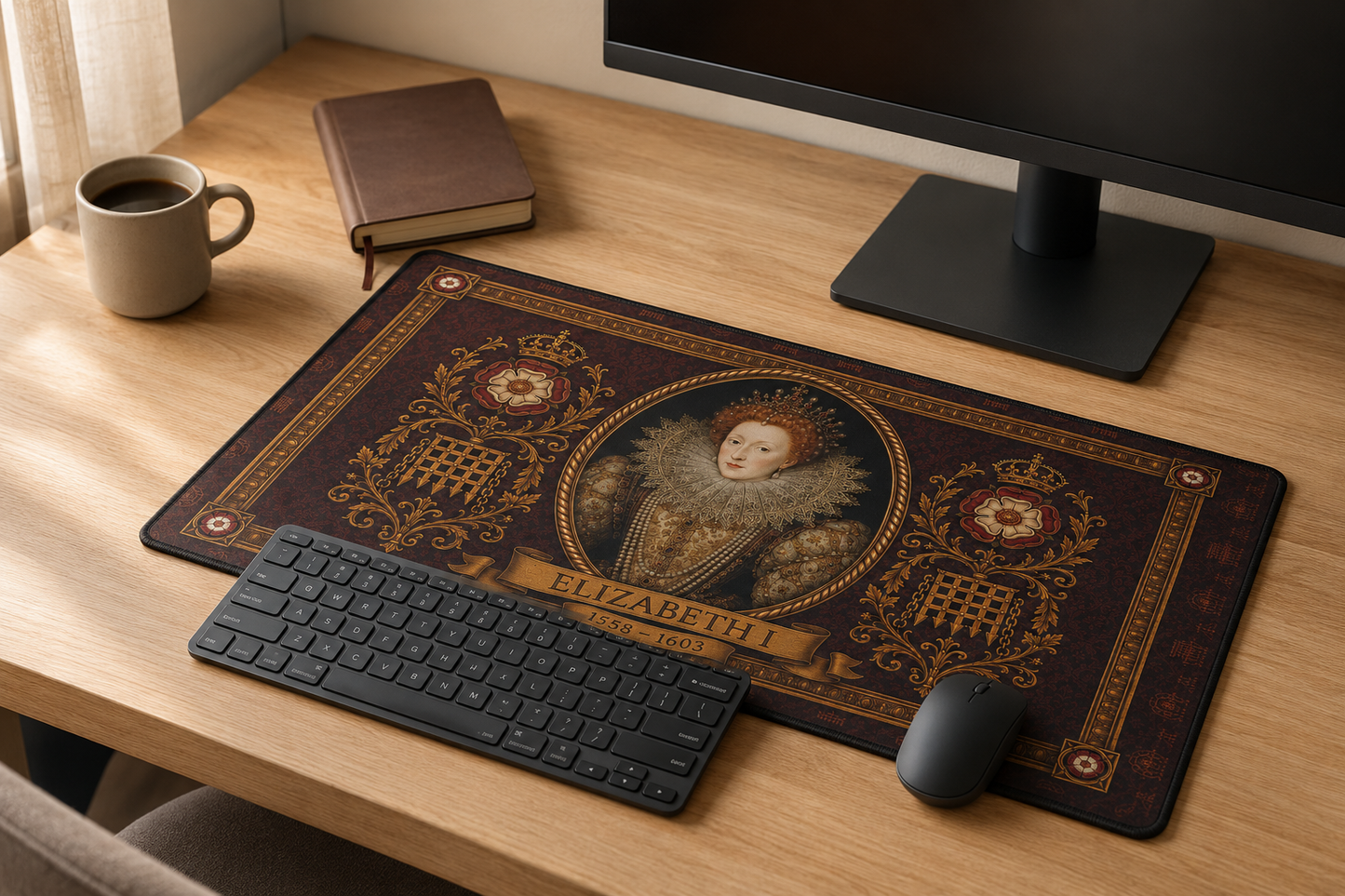Elizabeth I portrait desk mat on a wooden desk with keyboard and mouse