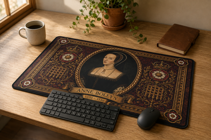 Anne Boleyn portrait desk mat on a wooden desk with keyboard and mouse