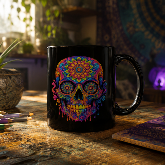 Colorful Sugar Skull Mug — Day of the Dead Black Ceramic Coffee Cup
