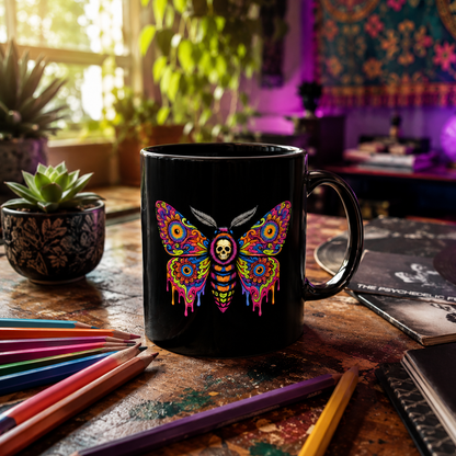 Psychedelic Moth Sugar Skull Mug — Day of the Dead Black Ceramic Coffee Cup