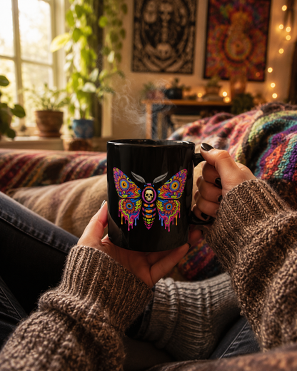 Psychedelic Moth Sugar Skull Mug — Day of the Dead Black Ceramic Coffee Cup