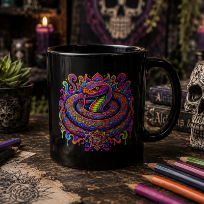 Psychedelic Rainbow Snake Mug — Trippy Serpent Black Ceramic Coffee Cup