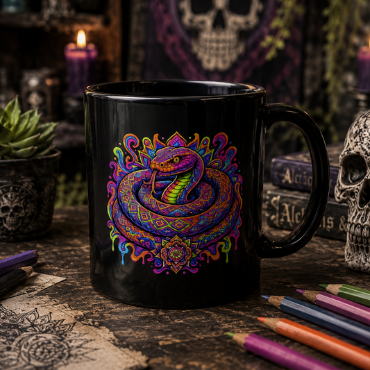 Psychedelic Rainbow Snake Mug — Trippy Serpent Black Ceramic Coffee Cup