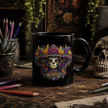 La Catrina Sugar Skull Mug — Day of the Dead Black Ceramic Coffee Cup