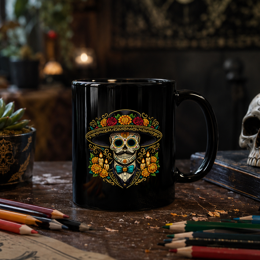 El Catrín sugar skull in ornate Day of the Dead style on a black ceramic mug