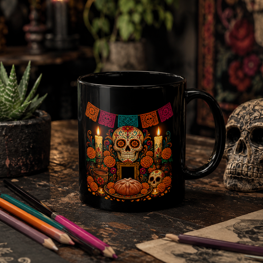 Ofrenda altar sugar skull design in Day of the Dead style on a black ceramic mug
