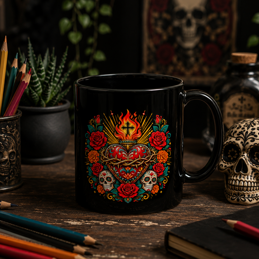 Sacred heart sugar skull design in Day of the Dead style on a black ceramic mug