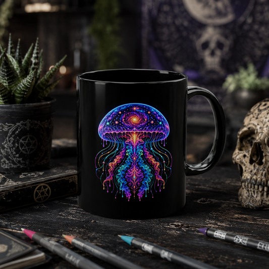 Psychedelic cosmic jellyfish with a galaxy-filled bell and neon tentacles on a black ceramic mug