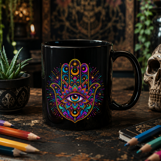 Psychedelic hamsa hand with an all-seeing third eye in jewel-toned neon on a black ceramic mug