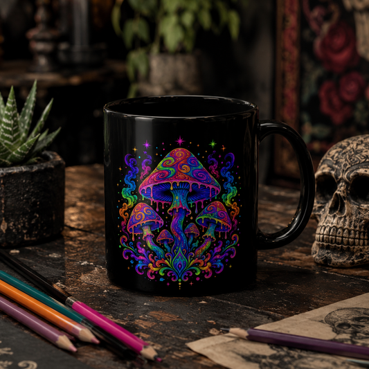Psychedelic rainbow mushrooms in trippy neon colours on a black ceramic mug