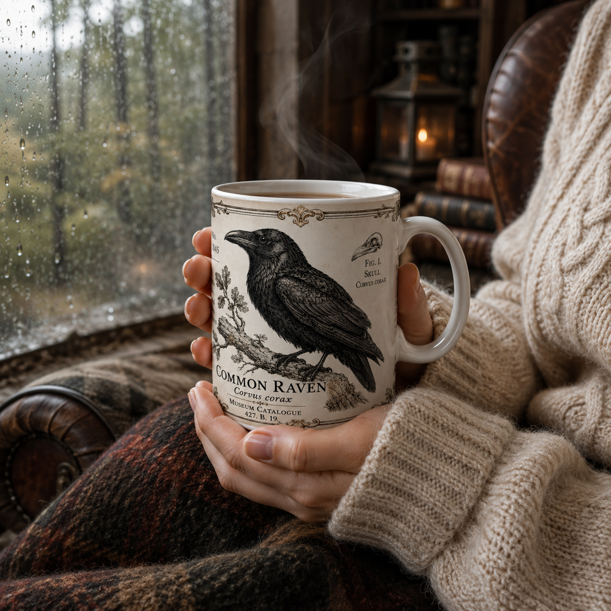 Common Raven natural history illustration with skull study and contour feather plate, printed on an 11oz white ceramic mug