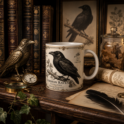 Common Raven natural history mug with parchment tones and charcoal pen-and-ink detail