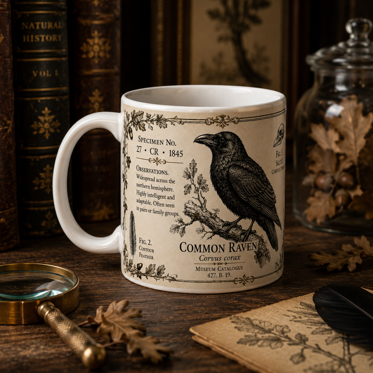 Common Raven natural history mug shown in a home setting