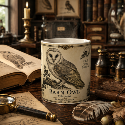 Vintage ornithology illustration of a barn owl (Tyto alba) with specimen notes, printed on an 11oz white ceramic mug