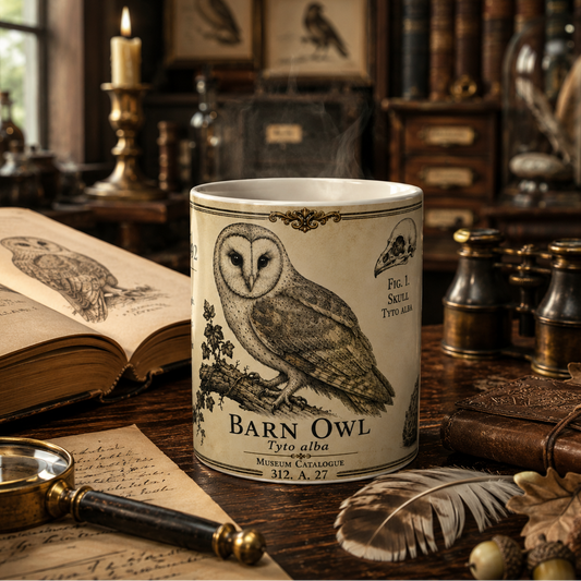 Vintage ornithology illustration of a barn owl (Tyto alba) with specimen notes, printed on an 11oz white ceramic mug