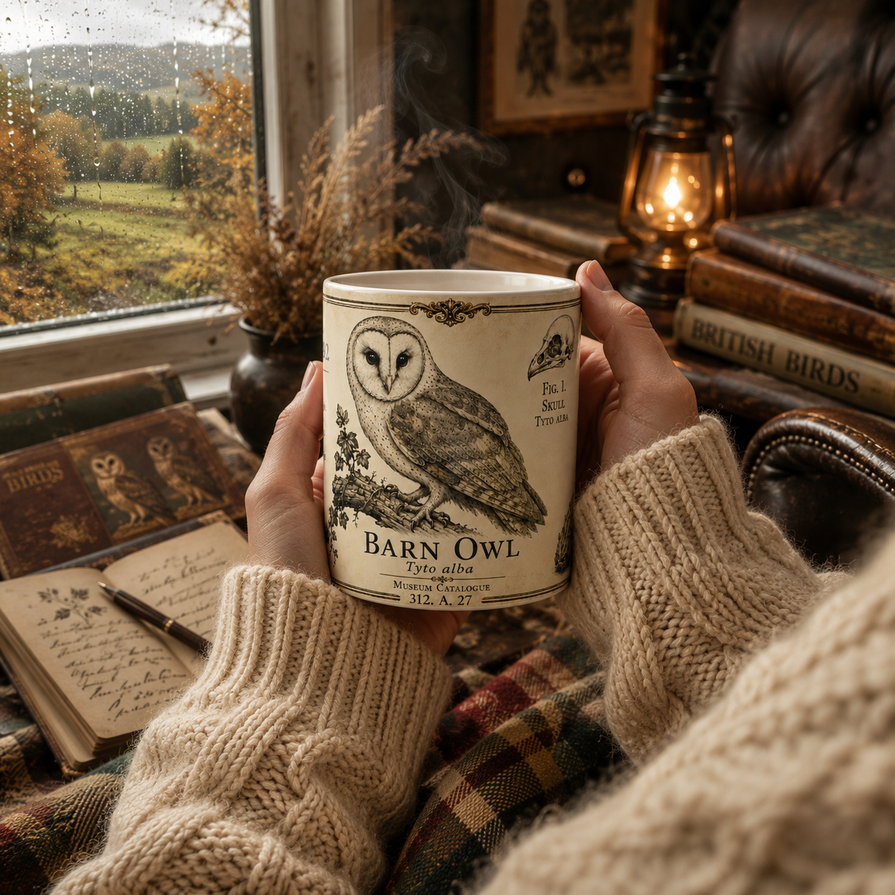 Barn owl vintage illustration mug — pen-and-ink plate with botanical accents on white ceramic