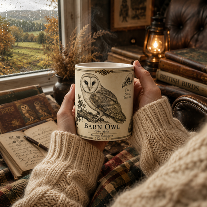 Barn owl vintage illustration mug — pen-and-ink plate with botanical accents on white ceramic