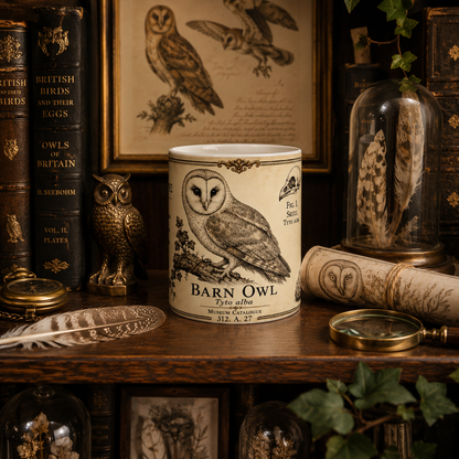 Barn owl specimen plate design with the scientific name Tyto alba on a white ceramic mug