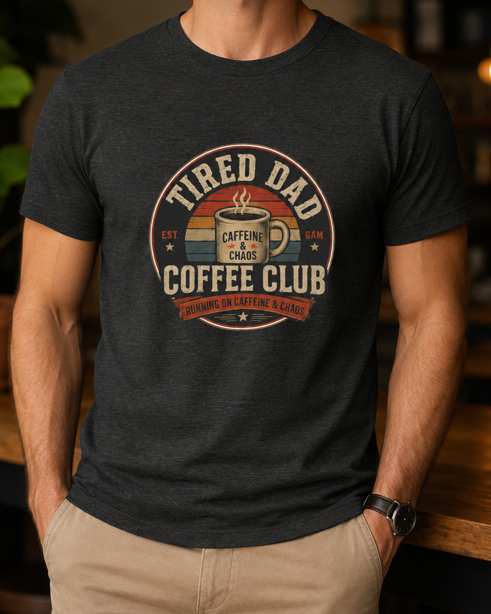 Lifestyle photo of a dad wearing the Tired Dad Coffee Club T-Shirt with a coffee mug in hand