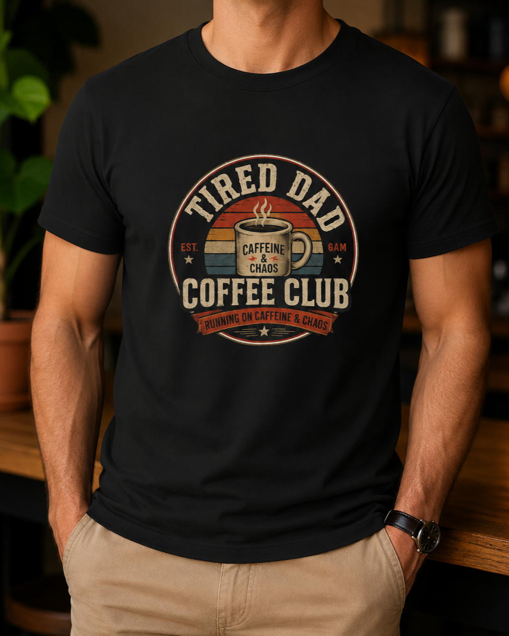 Tired Dad Coffee Club T-Shirt styled with denim — casual Father's Day gift outfit