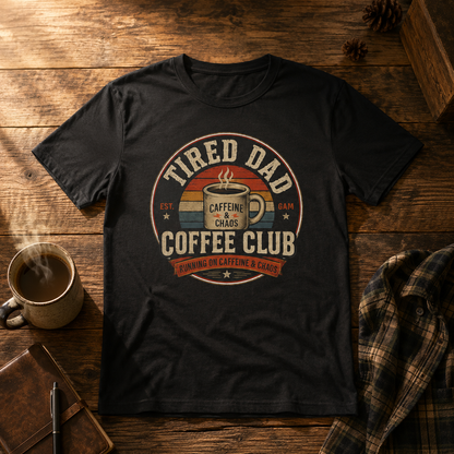 Tired Dad Coffee Club T-Shirt worn by a man in a kitchen setting with morning coffee