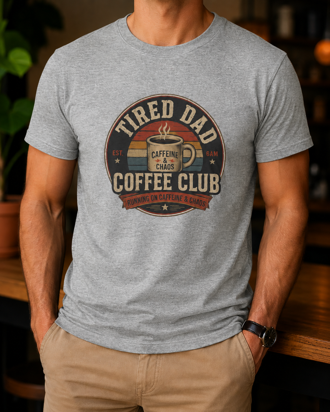 Tired Dad Coffee Club T-Shirt lifestyle scene featuring the vintage coffee badge design
