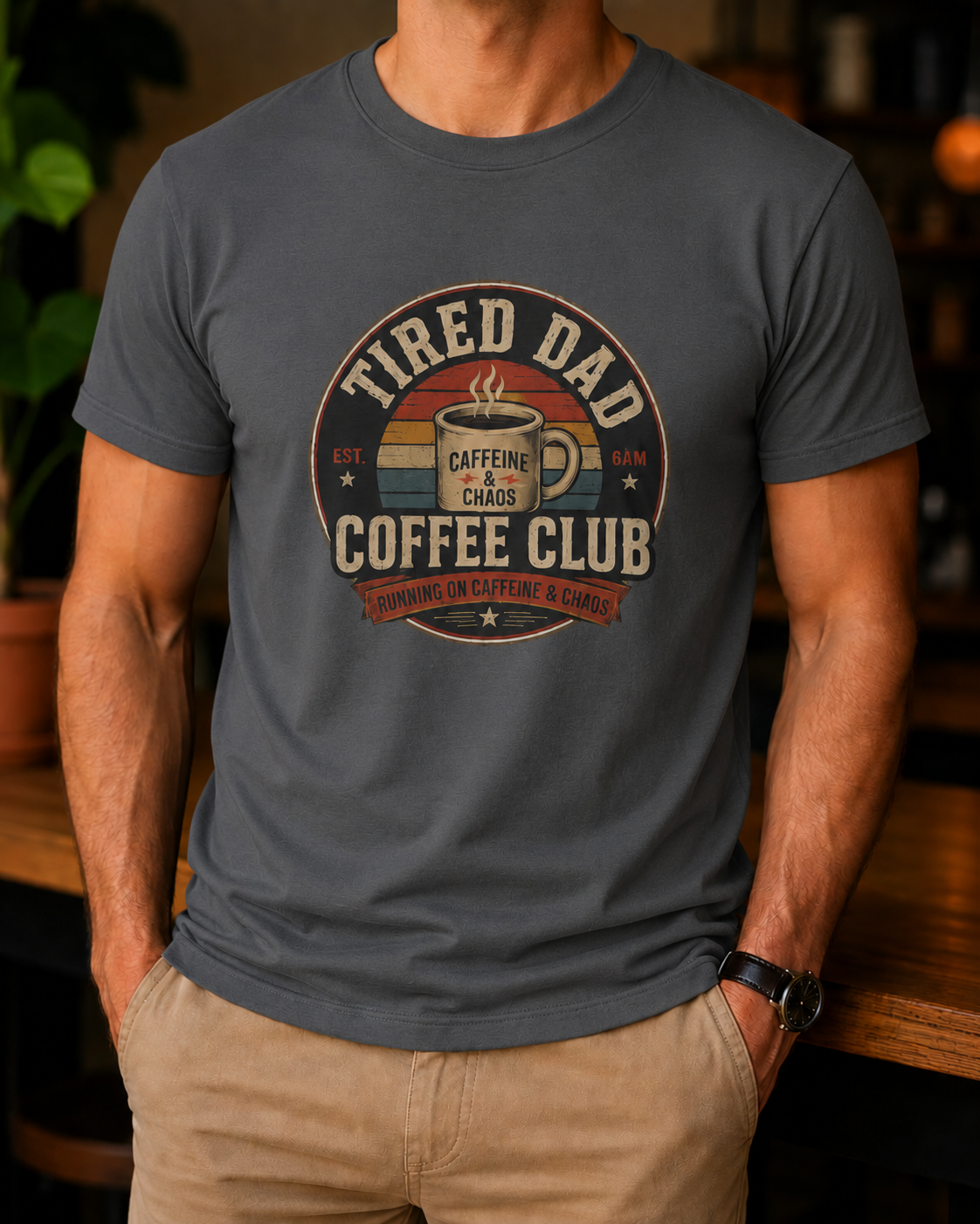Tired Dad Coffee Club T-Shirt as a Father's Day gift, shown with a coffee mug and gift styling