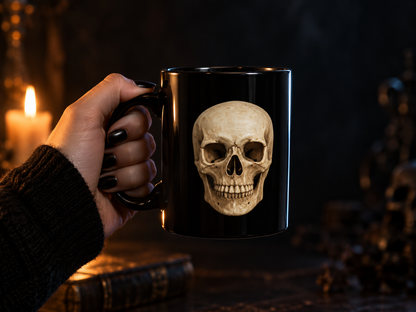 Schwarze Totenkopf-Kaffeetasse — Gothic-Geschenk für Liebhaber dunkler Ästhetik