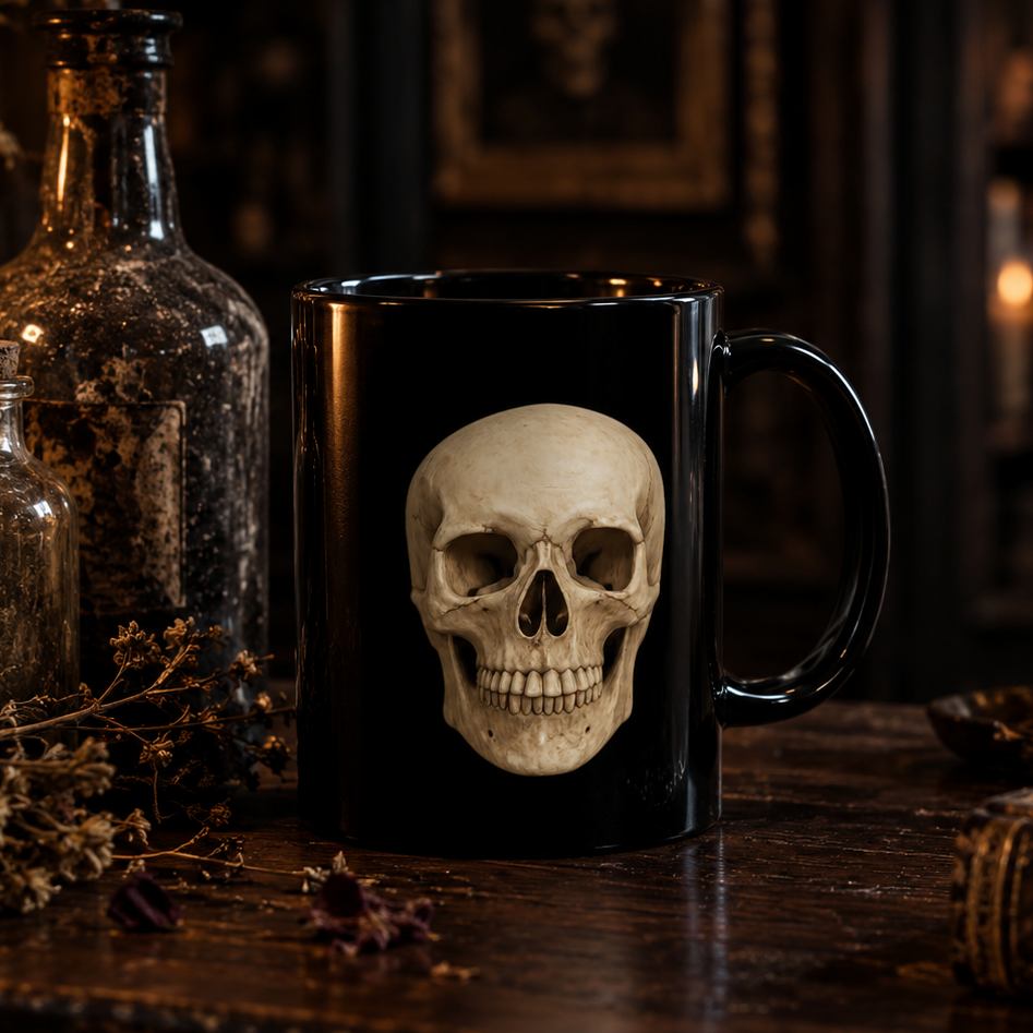 Schwarze Totenkopf-Kaffeetasse — Gothic-Geschenk für Liebhaber dunkler Ästhetik