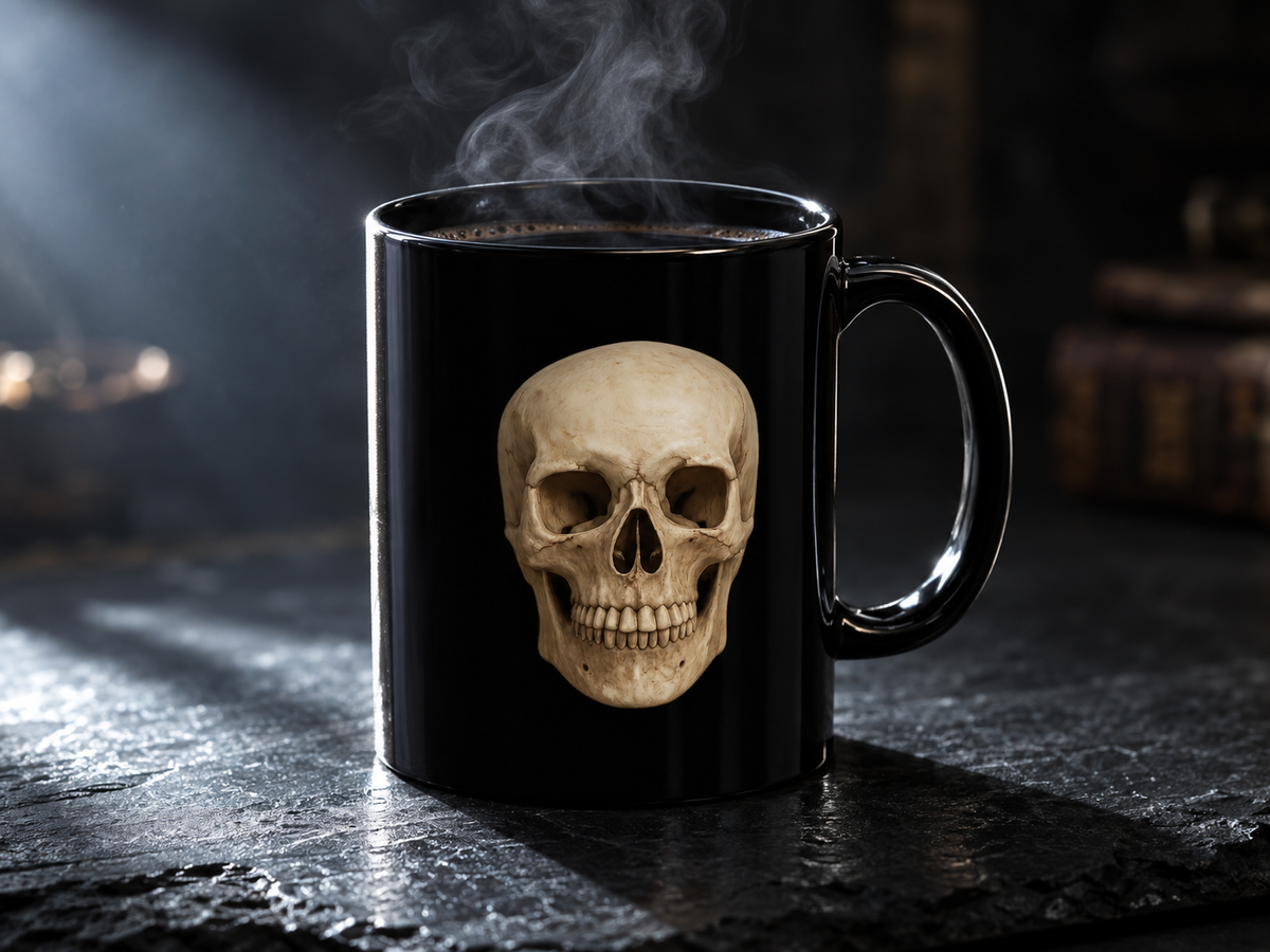 Schwarze Totenkopf-Kaffeetasse — Gothic-Geschenk für Liebhaber dunkler Ästhetik