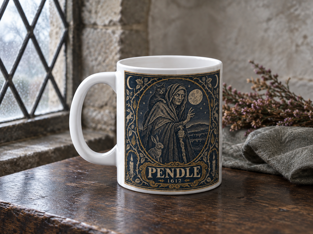 The Pendle Witch mug held in both hands at a glowing fireside — navy-and-gold woodcut of the witch, black cat, hare and full moon on white ceramic