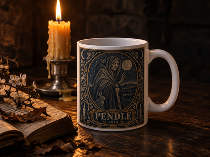 Pendle Witch mug on a dark oak table by candlelight with an open antique book and blackthorn blossom — three-quarter view of the woodcut witch design and PENDLE 1612