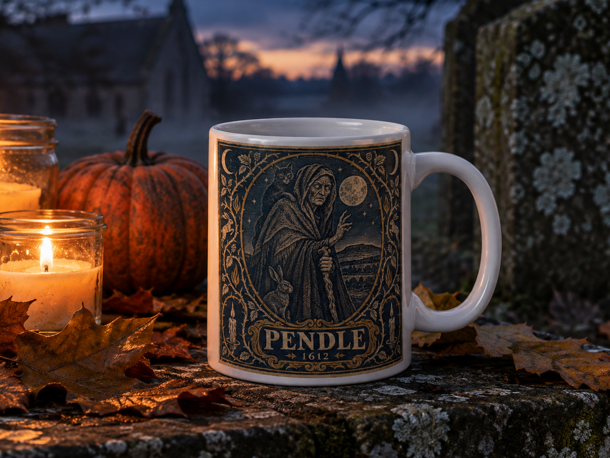 Pendle Witch mug on a mossy graveyard wall at dusk beside a pumpkin, lit candles and autumn leaves, a ruined church misty behind — navy-and-gold woodcut of the cloaked witch with black cat and hare above a PENDLE 1612 banner