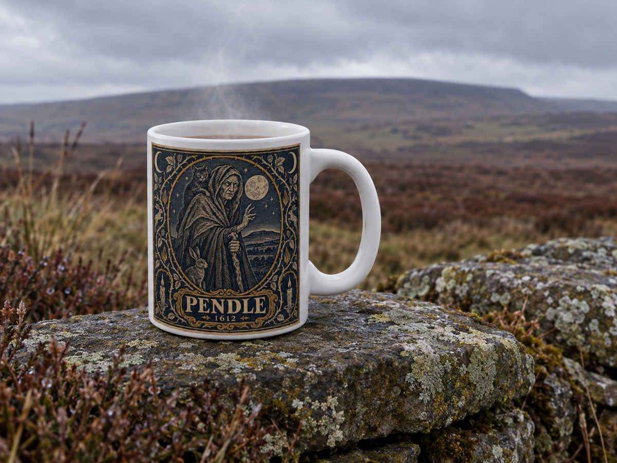 Pendle Witch mug steaming on a lichen-covered dry-stone wall on the moors, Pendle Hill under a grey sky behind — the cloaked-witch woodcut facing front