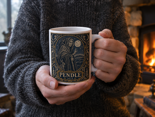 Hands in a charcoal knit jumper cupping the Pendle Witch mug by a lit stone fireplace — front view of the cloaked-witch woodcut with black cat, full moon and PENDLE 1612