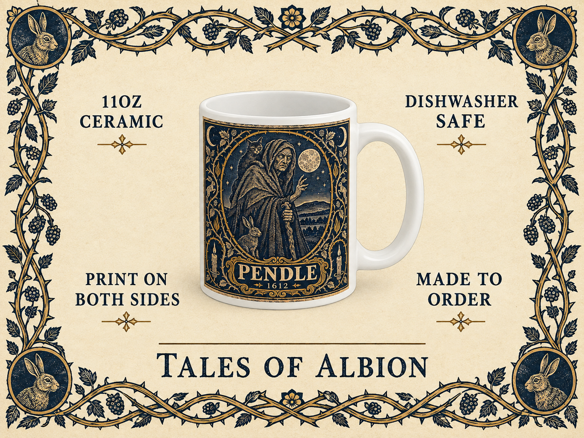 Pendle Witch mug spec card — 11oz ceramic, dishwasher safe, printed on both sides, made to order — inside a hare-and-bramble border