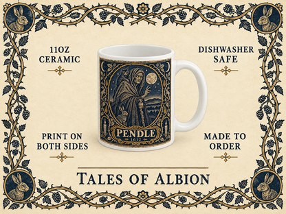 Pendle Witch mug spec card — 11oz ceramic, dishwasher safe, printed on both sides, made to order — inside a hare-and-bramble border