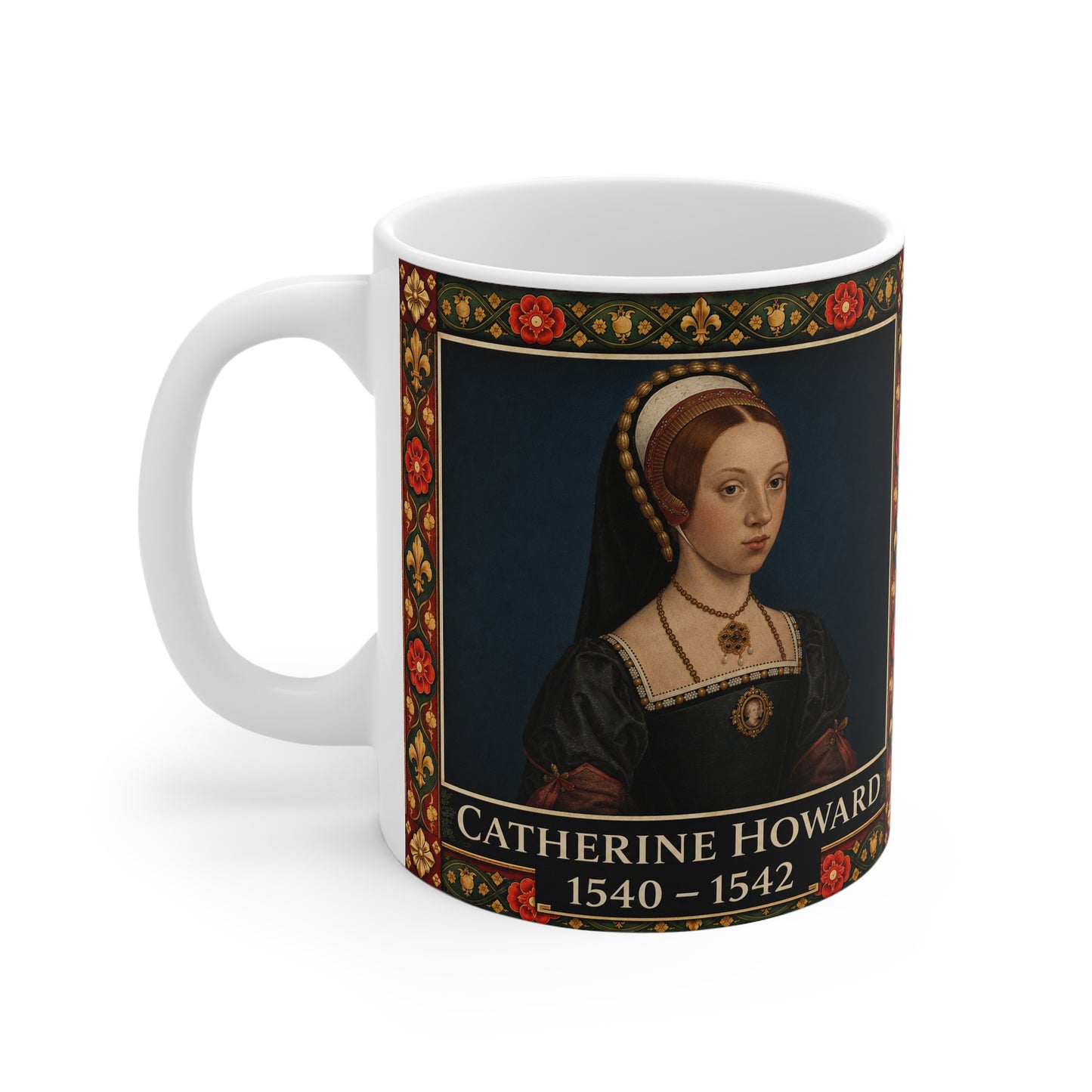 Tasse mit Porträt von Catherine Howard – Geschenk für Geschichtsliebhaber, Thema Tudorzeit