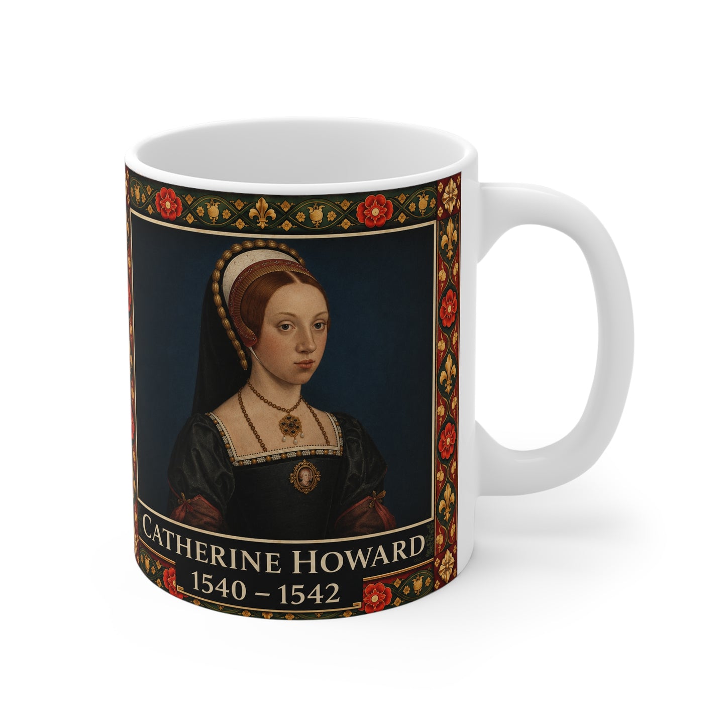 Tasse mit Porträt von Catherine Howard – Geschenk für Geschichtsliebhaber, Thema Tudorzeit